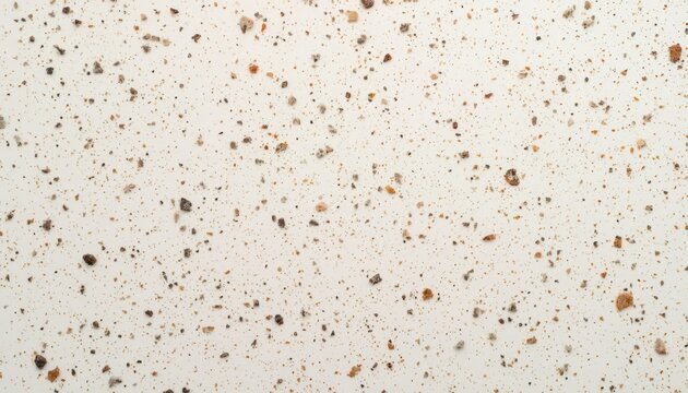 Many small brown bread crumbs scattered over plain white surface creating textured messy background top view photo.