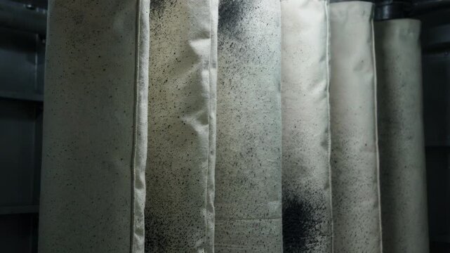 Closeup medium view of cloth filter bags coated with protective layer inside a pulsejet bag filter capturing carbon black particles during filtration.