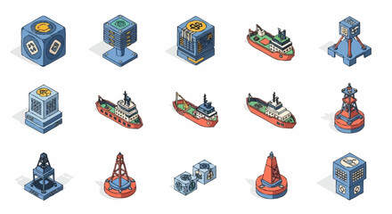 Collection of isometric nautical buoys and maritime navigation markers with ships. © Omah