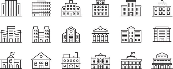 Building Icons Set with Minimalist Black Line Art Architecture Symbols for City Buildings and Landmarks © md