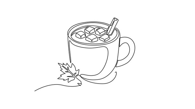 Hot chocolate cup with cinnamon topping. Autumn concept. Single line draw design. Full length animation illustration. High quality 4k footage