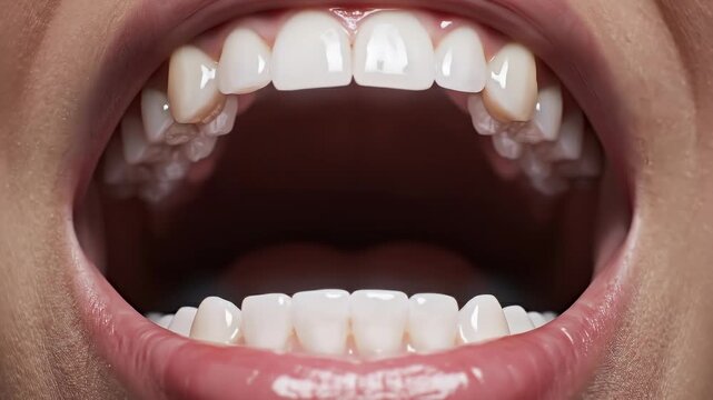 top-down view of a slightly open mouth with soft nano-light illuminating the internal oral cavity, highlighting teeth, tongue and inner structures in a clean minimal medical visualization