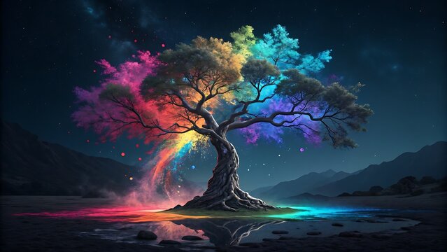 Solitary ancient tree with glowing neon roots under aurora-lit night sky