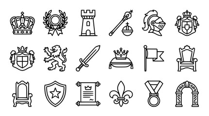 Royal Icons Set: Crowns, Shields, Swords, Thrones, and Knight Helmets © Roti