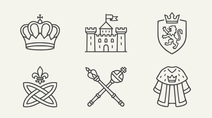 Royal Symbols Icons: Crown, Castle, Shield, Scepter, Fleur-de-lis, Robe © Roti