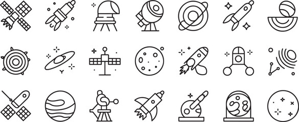 Space Astronomy Icons Set with Rockets, Planets, Satellites, Telescopes, and Stars in Clean Vector Line Style © md