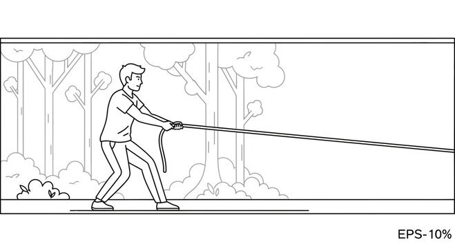 Man pulling rope in forest, strength, effort, outdoor activity, teamwork concept
