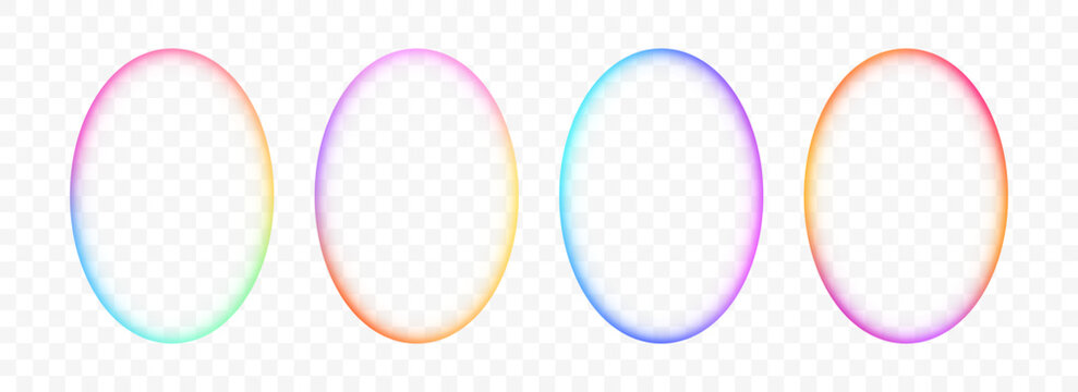 Iridescent rainbow gradient ellipse frame set. Blurred vivid oval border collection. Vibrant color rounded banner element pack. Bright colorful bubble box template bundle. Vector