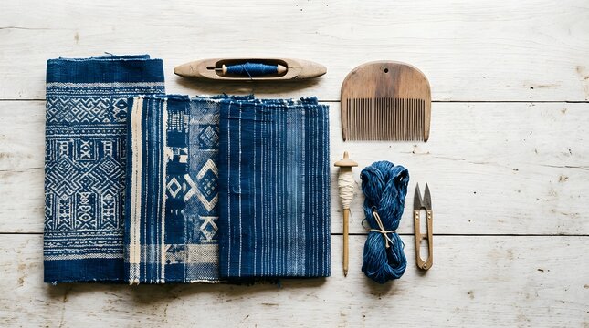 Top view of authentic indigo dyed fabrics with traditional handcrafting weaving tools on white wooden table