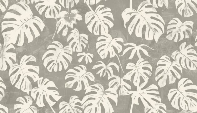 Seamless monstera leaf pattern on a textured gray background creating a tropical and natural design element.