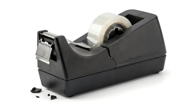 Broken black tape dispenser with cracks and plastic shards isolated on white background
