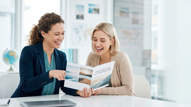 Client consultation, agent discussing travel brochure with smiling woman in office, vacation planning concept.