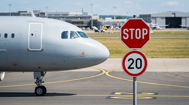 Passenger Jet Nose and Speed Limit Traffic Signs on Airport Tarmac Runway Safety Guidance View