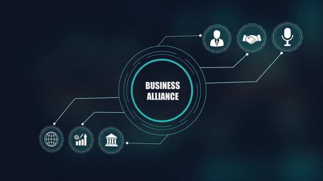 Business alliance concept with digital HUD interface, strategic corporate network connection, global partner handshake and team icons.