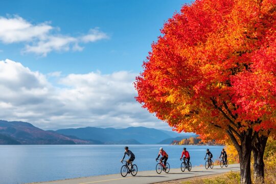 Cycling group bicycling on scenic autumn road beside lake with vibrant fall foliage