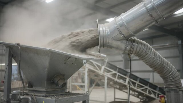 Closeup medium shot capturing a dust collector unit connected to a metal chute demonstrating effective fugitive dust extraction during material transfer.