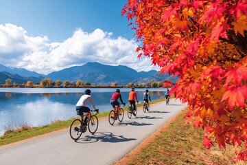 Fototapeta premium Cycling cyclists on autumn path by lake with red maple leaves and mountains