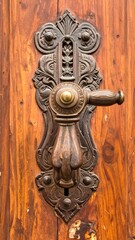 Obraz premium A close-up of an ornate, antique door handle on a wooden door