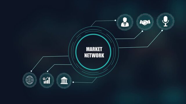 Market network concept video with digital hud interface, business communication structure design, global financial charts, leader management and handshake icons.