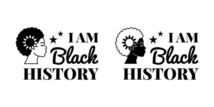 Two black silhouette profiles with afro hairstyles next to text I Am Black History for Juneteenth Freedom Celebration