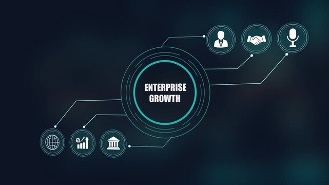 Enterprise growth concept video with digital hud interface, business financial charts diagram, global network structure design, leadership and handshake icons.