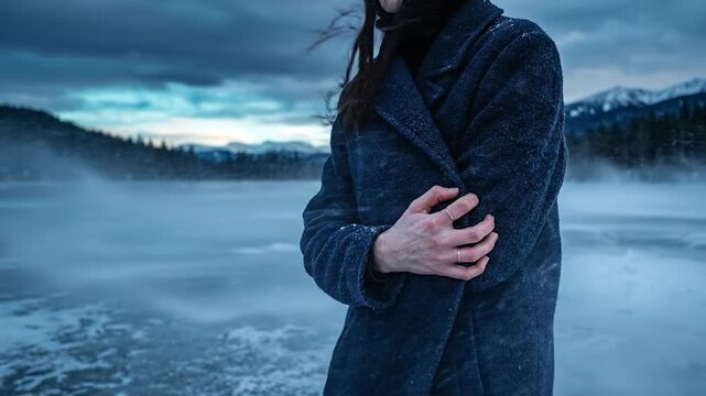 A woman stands motionless in a desolate landscape as harsh snow blows around her. It conveys deep isolation, freezing emotional numbness, and enduring profound grief.