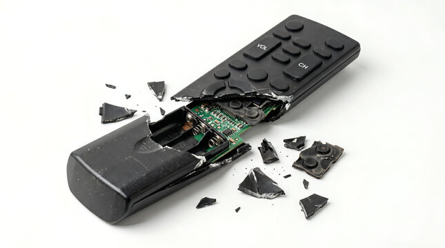 Broken and smashed black remote control on a white background