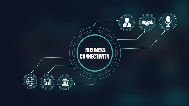Business connectivity concept video with digital hud interface, communication network structure design, global charts, leader management and handshake icons.