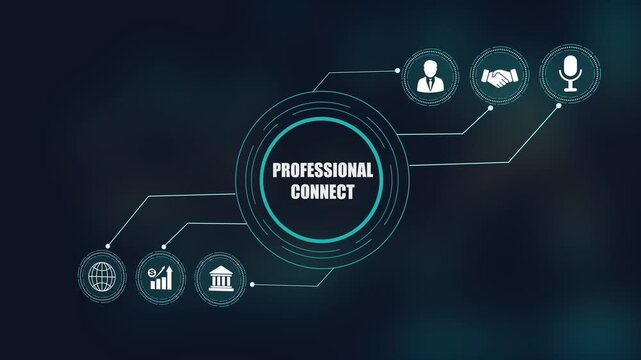 Professional connect concept video with digital hud interface, business network structure design, global communication charts, leader management and handshake icons.