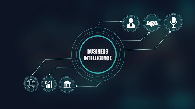 Business intelligence concept video with digital hud interface, analytics data graphics chart loop, global network connection design, professional leadership and handshake icons.
