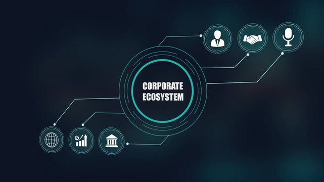 Corporate ecosystem conceptual video with digital hud interface, business network structure design, global economy growth data diagram, handshake icon representing partnership and leadership managemen