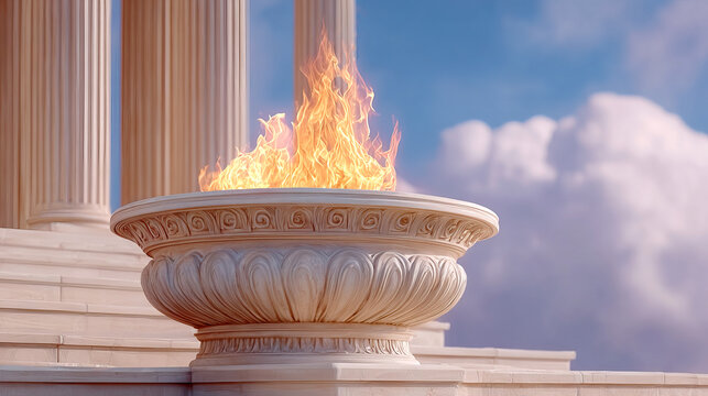 A flaming stone brazier stands before neoclassical columns against a bright, cloudy sky, symbolizing tradition, history, and monumental grandeur.