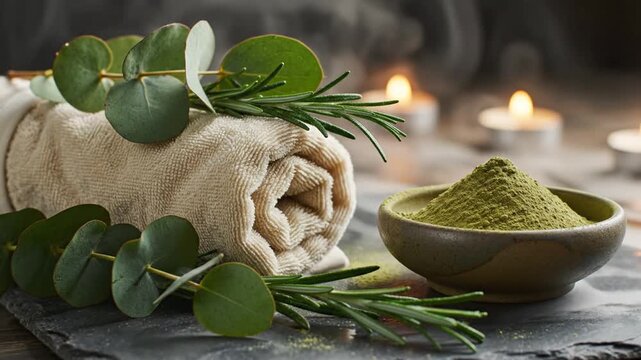 A rolled beige textured towel decorated with fresh eucalyptus and rosemary branches alongside a ceramic bowl of green matcha or clay powder with blurred candles and steam.