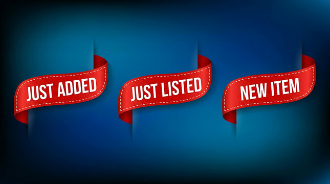 Set of red promotional banners with text just added just listed and new item on blue background