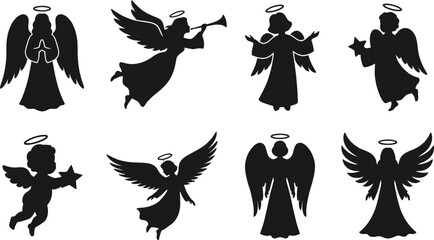 Fototapeta premium Black Angel Silhouettes Vector Icons