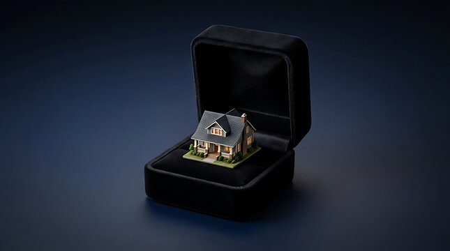Miniature house displayed like a precious jewel in an open velvet ring box