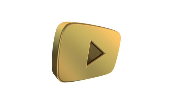 3d golden play button icon floating and rotating on isolated white background