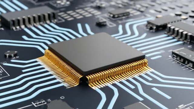 Close-up of a computer microprocessor with gold pins on a circuit board