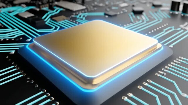 Close-up of a computer chip with gold top on a technological circuit board background