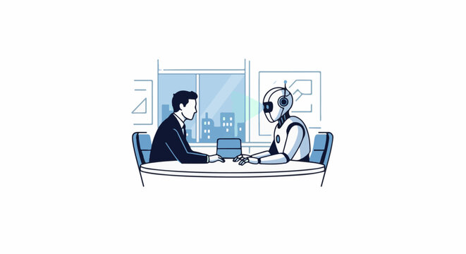 Man in suit and robot converse across a round table in a modern office