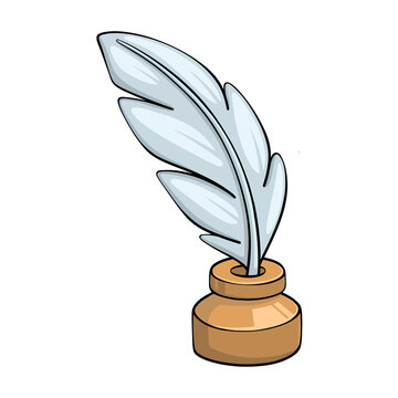 Vintage feather quill pen standing inside a traditional brown inkwell cartoon vector illustration isolated on a Transparent background