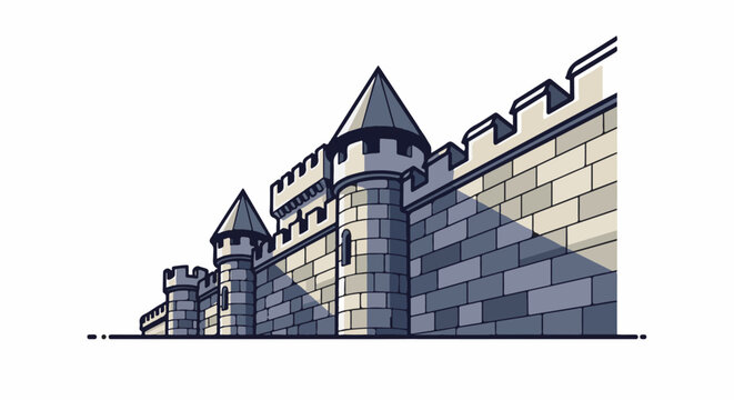 Medieval fortress wall with stone turrets and conical roofs