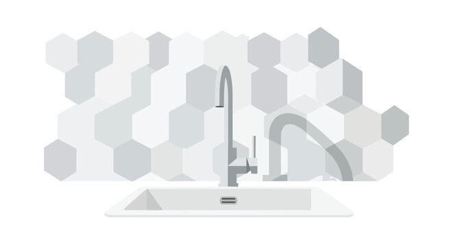 Minimalist kitchen sink and chrome mixer tap with hexagonal tile backsplash background illustration