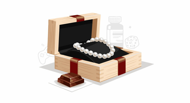 Open wooden box displays pearl necklace, with chocolate, dice, and game controller silhouette