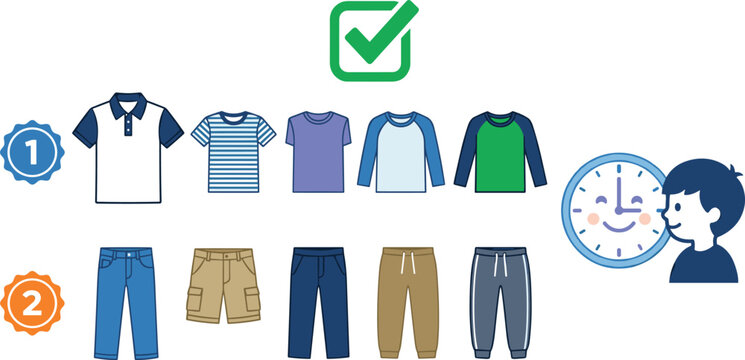 Kids Morning Routine and Outfit Planning Icon Set with Clothing Selection Badges and Clock for Daily Schedule Vector Illustration