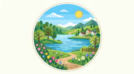 Fototapeta premium Vibrant Spring Landscape Illustration Featuring Rolling Hills A Serene River And Blooming Floral Gardens Within A Circular Decorative Frame