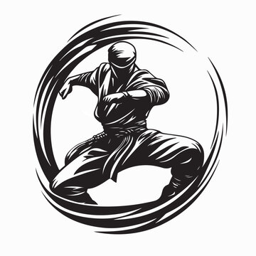 Ninjutsu Warrior Silhouette Vector Illustration On White Background