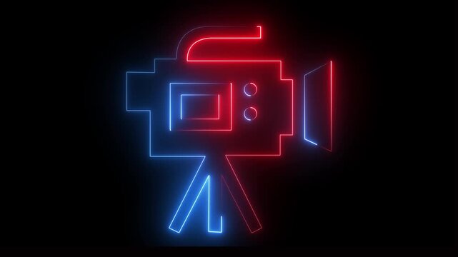 Glowing neon line video camera icon animation on black background. Neon red and blue camera icon.