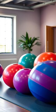 Gymnastic balls used in physiotherapy session, posture correction, senior fitness