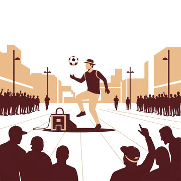 A street performer juggling a soccer ball in a minimalist urban plaza surrounded by fan silhouettes, cinematic focus, limited palette of maroon and sand beige, minimalist flat vector artwork,